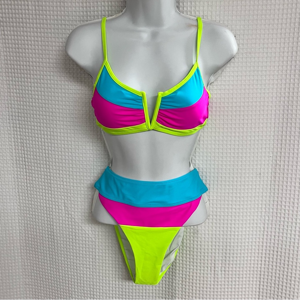 Neon Colorblock V-Bar Bikini - Bright Yellow, Pink & Cyan